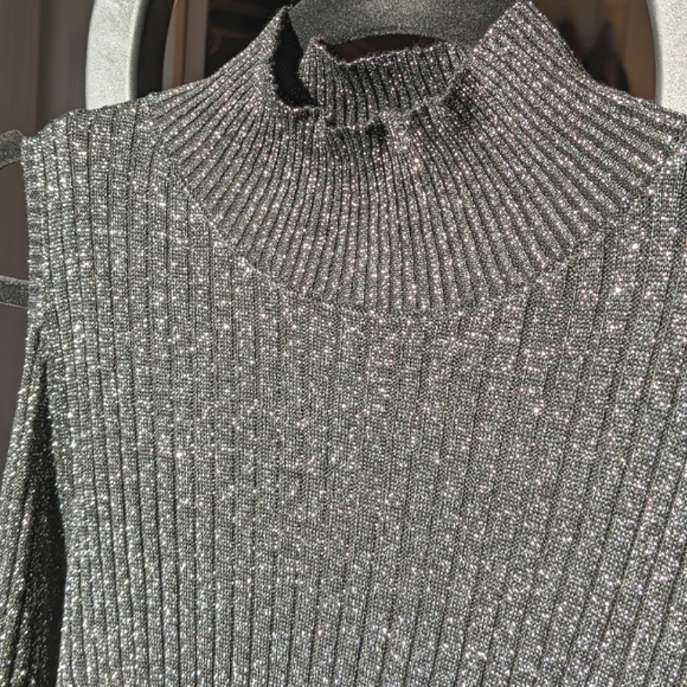 Donating! Silver Long Sleeve Mock Turtle Neck Ribbed Bodycon Mini Dress Size S